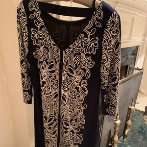 Dark navy with black and tan design dress.